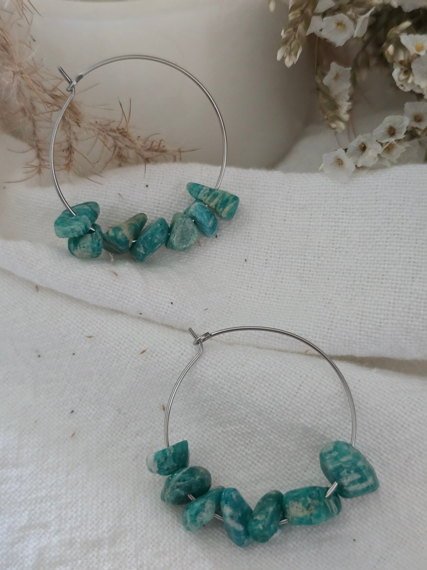 Boucles d'oreilles Créoles "Alya" Amazonite Baroque  & acier inoxydable argenté