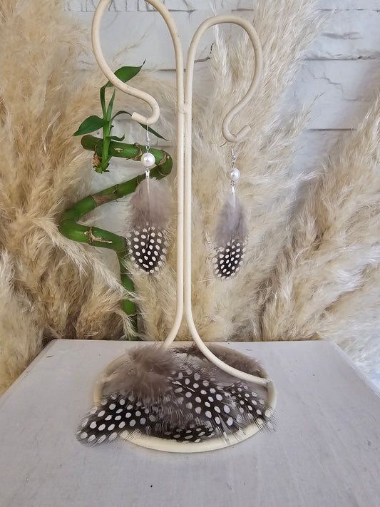 Boucles d'oreilles plume "Helen" Perle naturelle & acier inoxydable argenté
