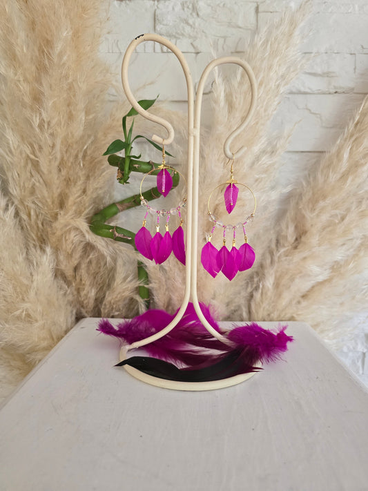 Boucles d'oreilles plumes "Pink Plumettes Helen" Cristal de Roche & acier inoxydable doré